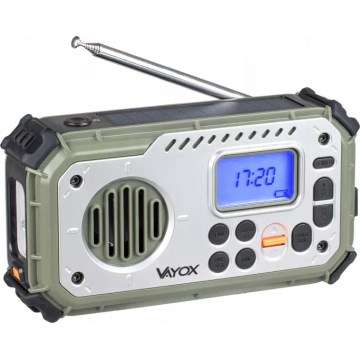 Telkimisraadio käsikäepidemega, päikesepaneeliga ja LED-taskulambiga akupanga funktsiooniga 5V/3xAAA/2000 mAh IPX4 roheline