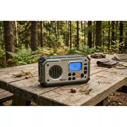 Telkimisraadio käsikäepidemega, päikesepaneeliga ja LED-taskulambiga akupanga funktsiooniga 5V/3xAAA/2000 mAh IPX4 roheline