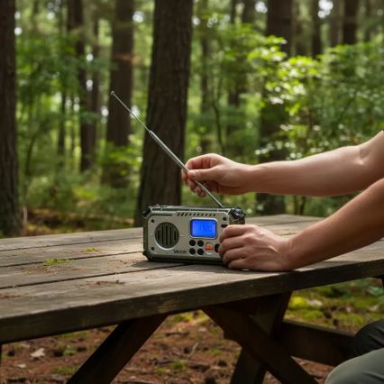 Telkimisraadio käsikäepidemega, päikesepaneeliga ja LED-taskulambiga akupanga funktsiooniga 5V/3xAAA/2000 mAh IPX4 roheline