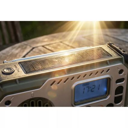 Telkimisraadio käsikäepidemega, päikesepaneeliga ja LED-taskulambiga akupanga funktsiooniga 5V/3xAAA/2000 mAh IPX4 roheline