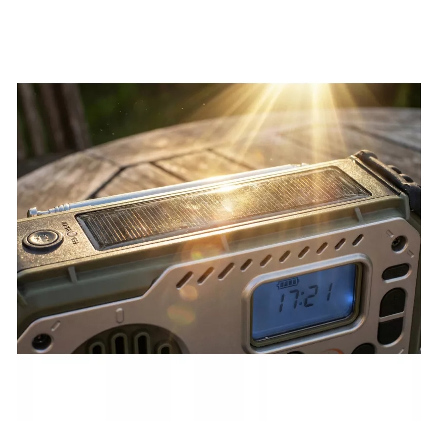 Telkimisraadio käsikäepidemega, päikesepaneeliga ja LED-taskulambiga akupanga funktsiooniga 5V/3xAAA/2000 mAh IPX4 roheline