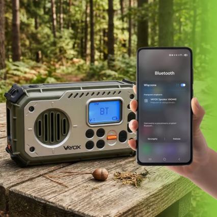 Telkimisraadio käsikäepidemega, päikesepaneeliga ja LED-taskulambiga akupanga funktsiooniga 5V/3xAAA/2000 mAh IPX4 roheline