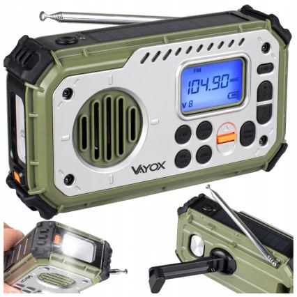Telkimisraadio käsikäepidemega, päikesepaneeliga ja LED-taskulambiga akupanga funktsiooniga 5V/3xAAA/2000 mAh IPX4 roheline