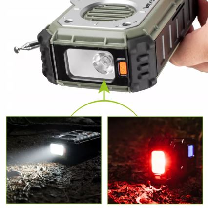 Telkimisraadio käsikäepidemega, päikesepaneeliga ja LED-taskulambiga akupanga funktsiooniga 5V/3xAAA/2000 mAh IPX4 roheline