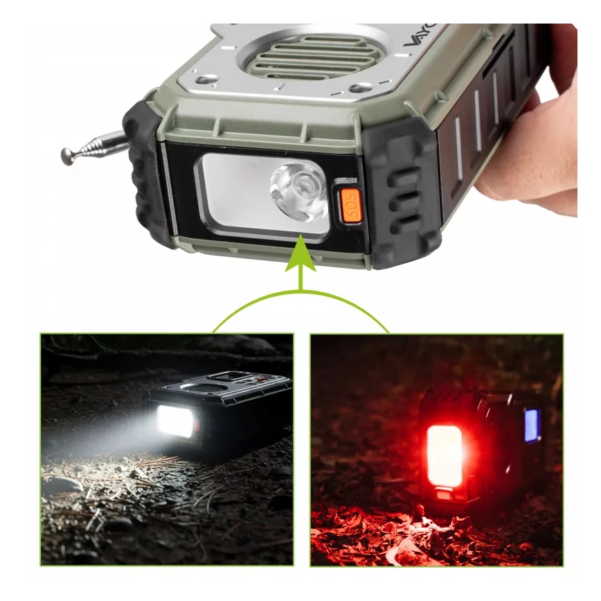 Telkimisraadio käsikäepidemega, päikesepaneeliga ja LED-taskulambiga akupanga funktsiooniga 5V/3xAAA/2000 mAh IPX4 roheline