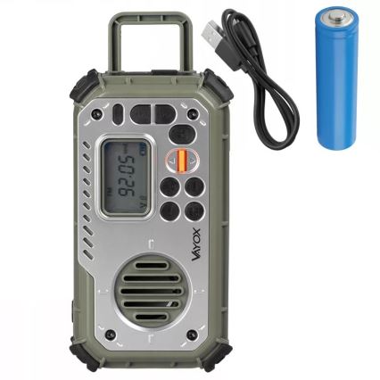 Telkimisraadio käsikäepidemega, päikesepaneeliga ja LED-taskulambiga akupanga funktsiooniga 5V/3xAAA/2000 mAh IPX4 roheline
