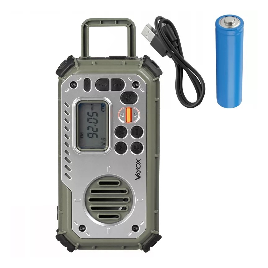 Telkimisraadio käsikäepidemega, päikesepaneeliga ja LED-taskulambiga akupanga funktsiooniga 5V/3xAAA/2000 mAh IPX4 roheline