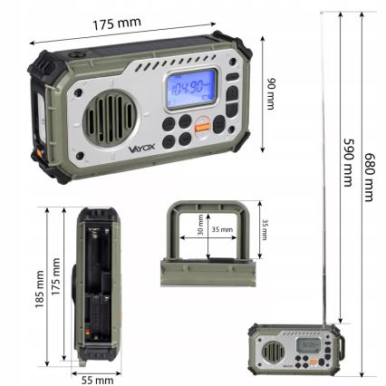 Telkimisraadio käsikäepidemega, päikesepaneeliga ja LED-taskulambiga akupanga funktsiooniga 5V/3xAAA/2000 mAh IPX4 roheline