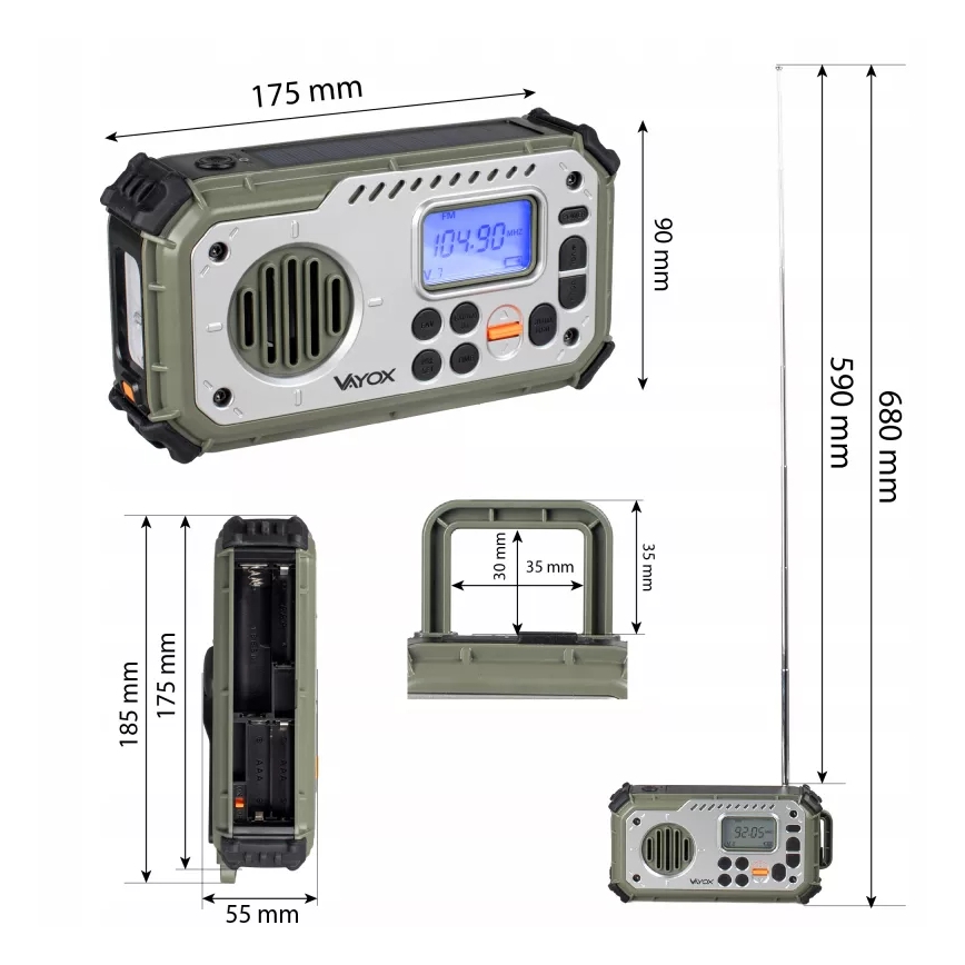 Telkimisraadio käsikäepidemega, päikesepaneeliga ja LED-taskulambiga akupanga funktsiooniga 5V/3xAAA/2000 mAh IPX4 roheline