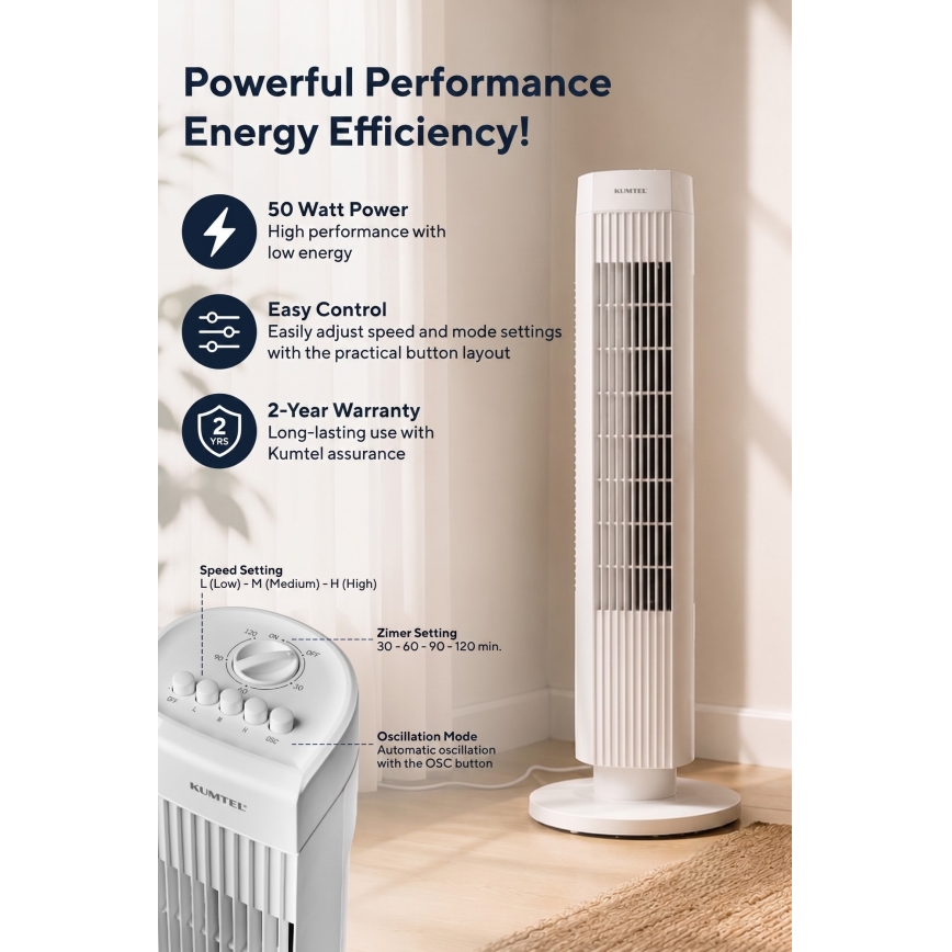 Torni ventilaator 50W/230V 74,5 cm valge