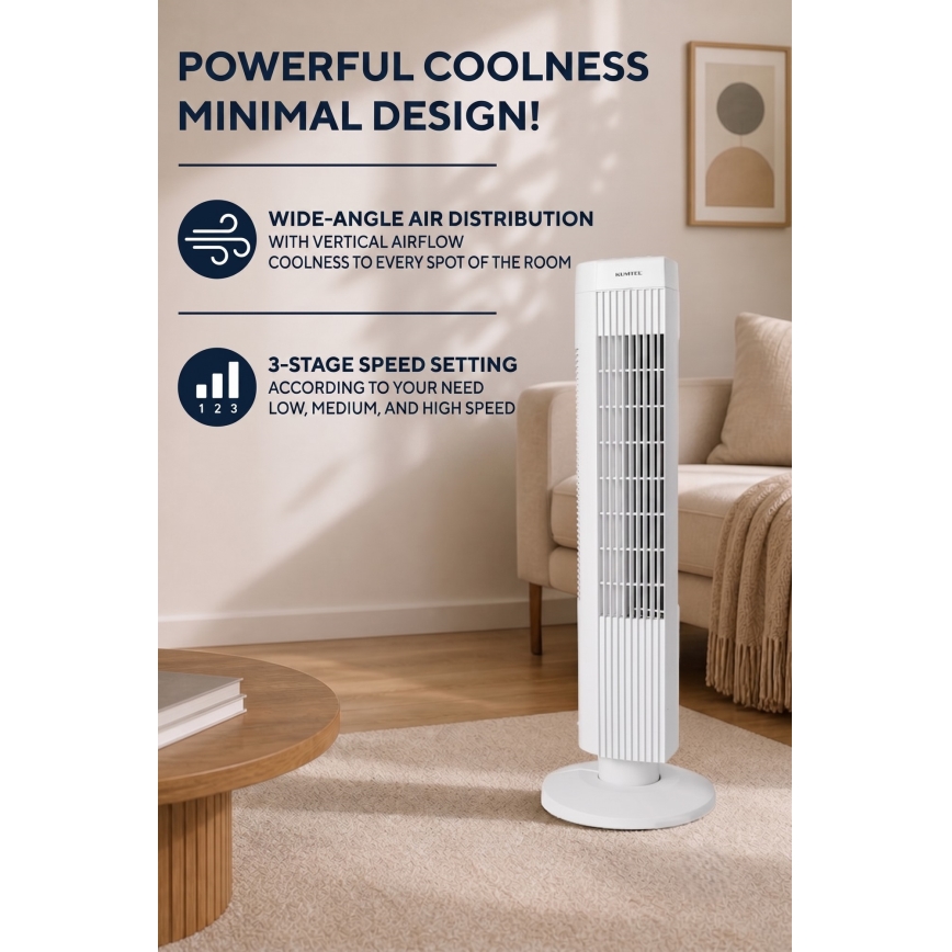 Torni ventilaator 50W/230V 74,5 cm valge
