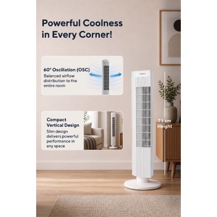 Torni ventilaator 50W/230V 74,5 cm valge