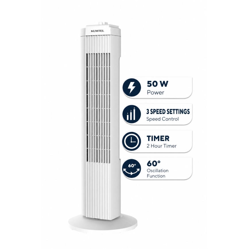 Torni ventilaator 50W/230V 74,5 cm valge