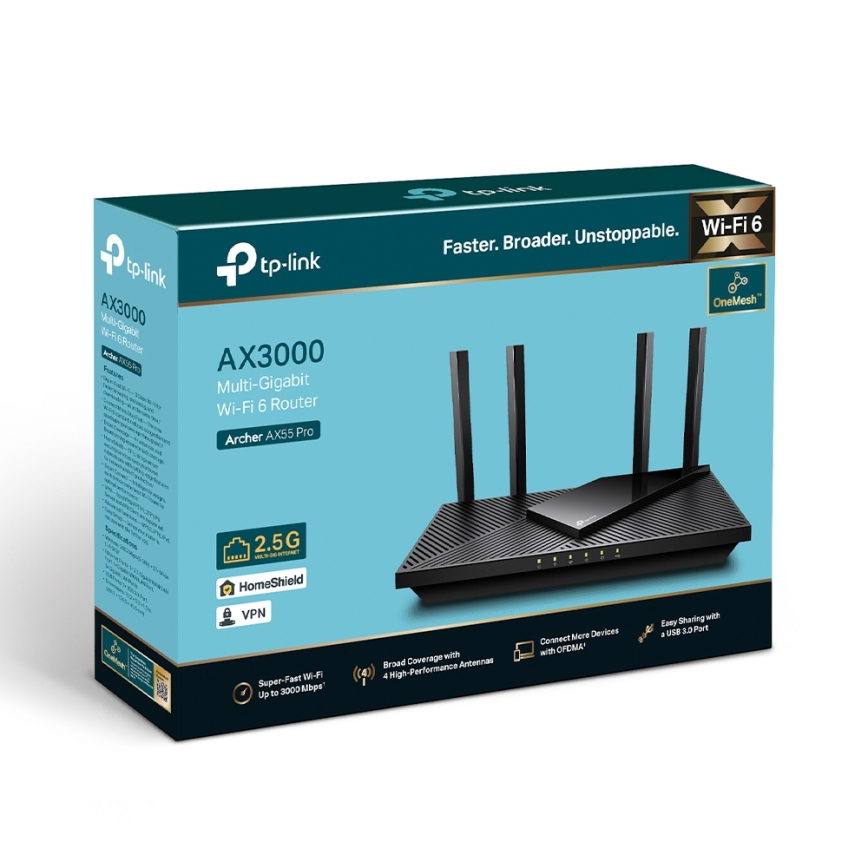 TP-Link - Kaksisageduseline multigigabitne Wi‑Fi 6 ruuter 2,5G pordiga Archer AX55 Pro