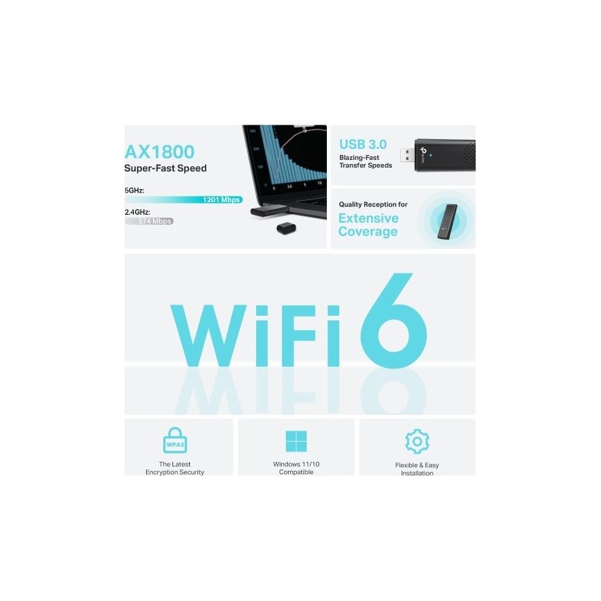 TP-Link - kahe sagedusribaga traadita USB-adapter Wi‑Fi 6 toega