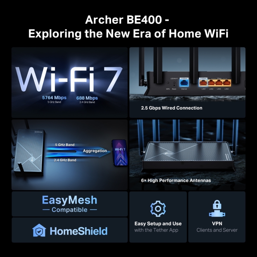 TP-Link - kahe sagedusribaga Wi-Fi 7 ruuter Archer BE400