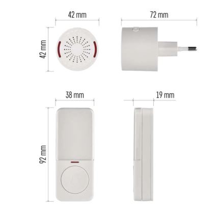 Traadita uksekell pistikusse 230V + 1xCR2032 valge