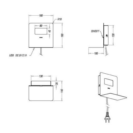 Trio - LED Seinavalgusti riiuliga ALOFT LED/3W/230V + USB pesa