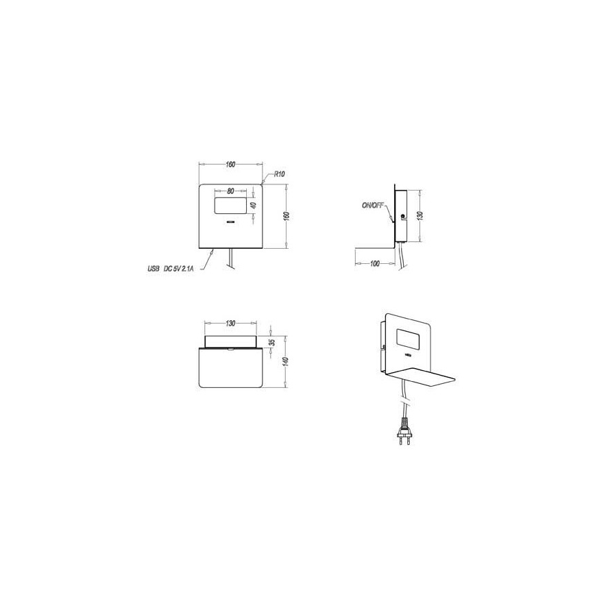 Trio - LED Seinavalgusti riiuliga ALOFT LED/3W/230V + USB pesa