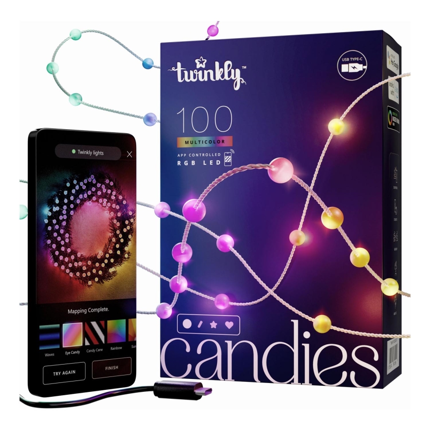 Twinkly - LED RGB Hämardatav jõuluteemaline valguskett CANDIES 100xLED 8 m USB Wi-Fi