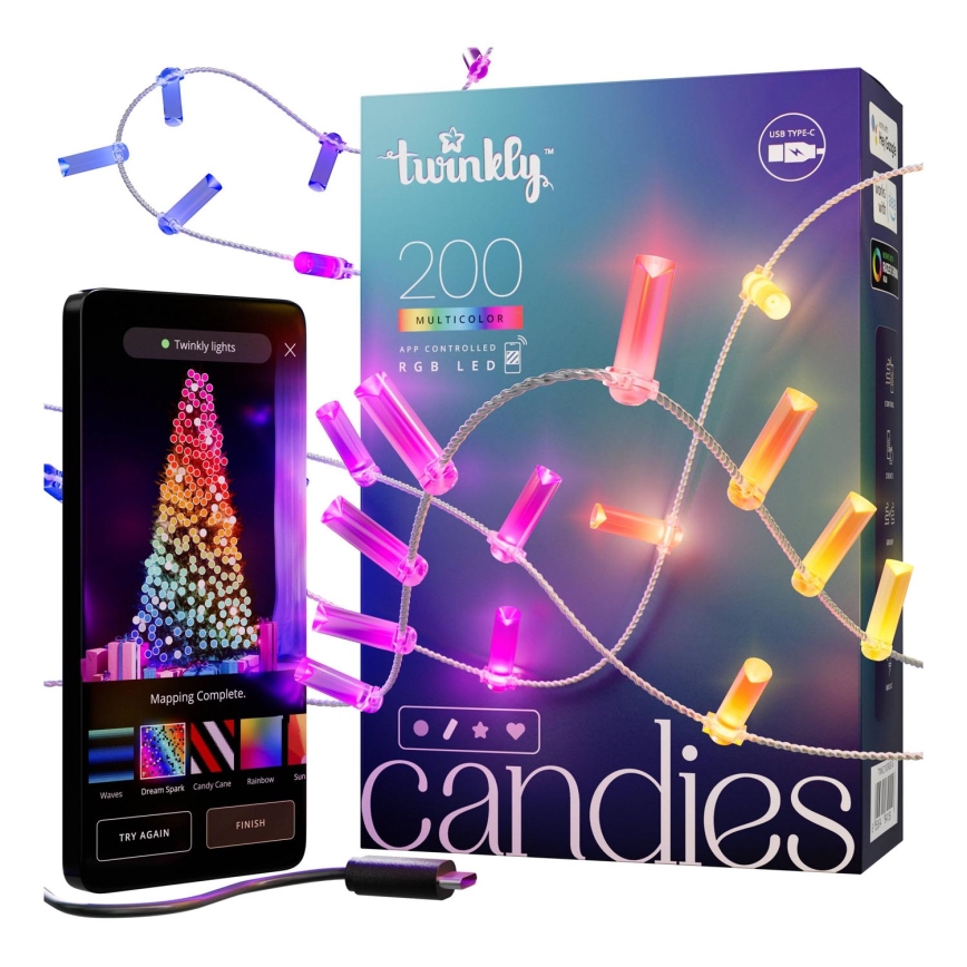 Twinkly - LED RGB Hämardatav jõuluteemaline valguskett CANDIES 200xLED 14 m USB Wi-Fi