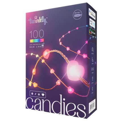 Twinkly - RGB-LED hämardatav valguskett CANDIES 100 LED 8 m USB Wi‑Fi