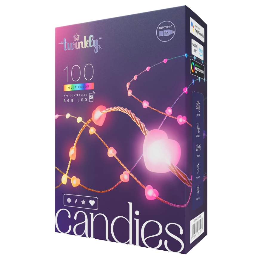 Twinkly - RGB-LED hämardatav valguskett CANDIES 100 LED 8 m USB Wi‑Fi