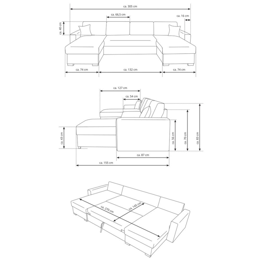 U-kujuline diivanvoodi JANISE, hall, panipaigaga