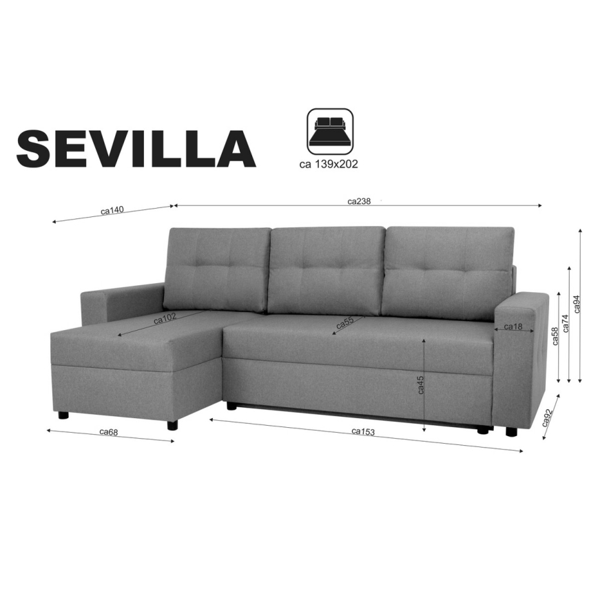 Universaalne nurgadiivanvoodi magamisfunktsiooni ja panipaigaga SEVILLA antratsiit