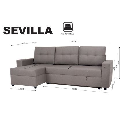 Universaalne nurgadiivanvoodi magamisfunktsiooni ja panipaigaga SEVILLA hall