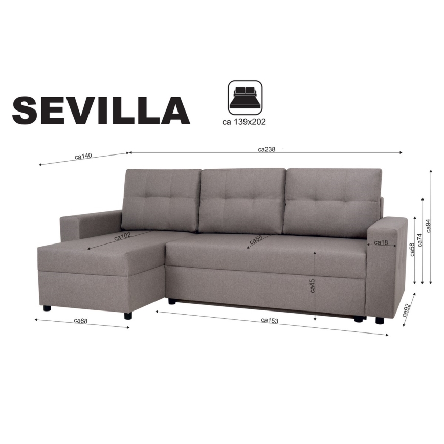 Universaalne nurgadiivanvoodi magamisfunktsiooni ja panipaigaga SEVILLA hall