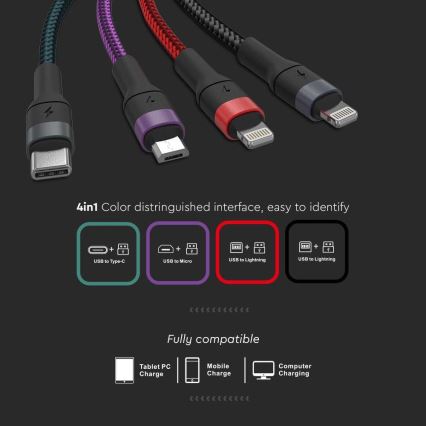 USB kaabel USB-A / USB Lightning  / MicroUSB / USB-C 1,2m mitmevärviline