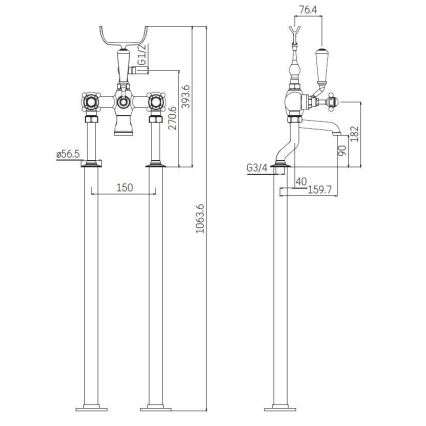 Vabaltseisev vannikomplekt koos segistiga 106,3 cm läikiv kroom