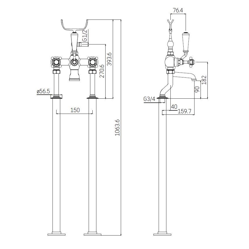 Vabaltseisev vannikomplekt koos segistiga 106,3 cm läikiv kroom
