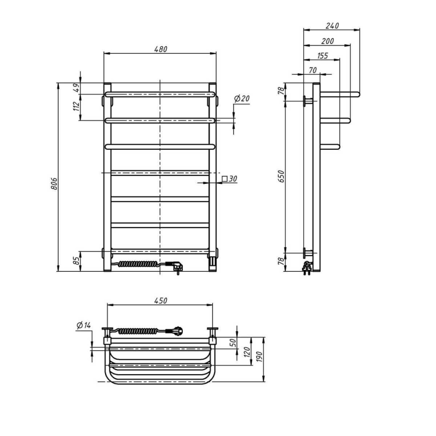 Vannitoa elektriline radiaator termostaadiga FORTIS 350W/230V 80,6 cm IP44 valge vasak kandiline