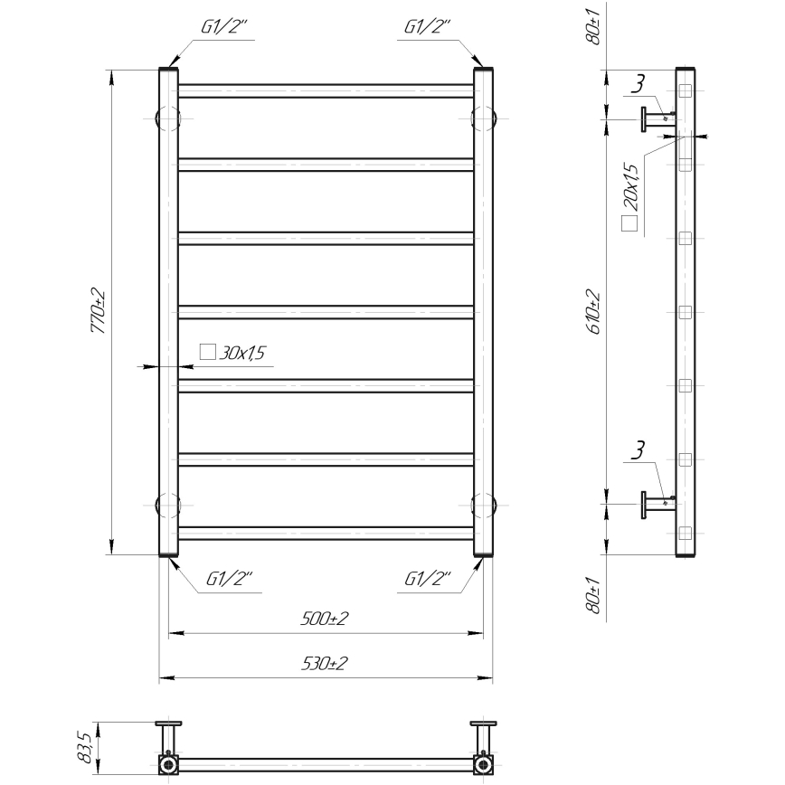 Vannitoa rätikuivati INOX TOKIO 161W/230V 77x53 cm roostevaba teras/must