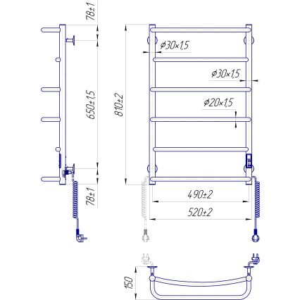 Vannitoa rätikukuivati LUX 105W/230V 81x52 cm roostevaba/antratsiit parempoolne