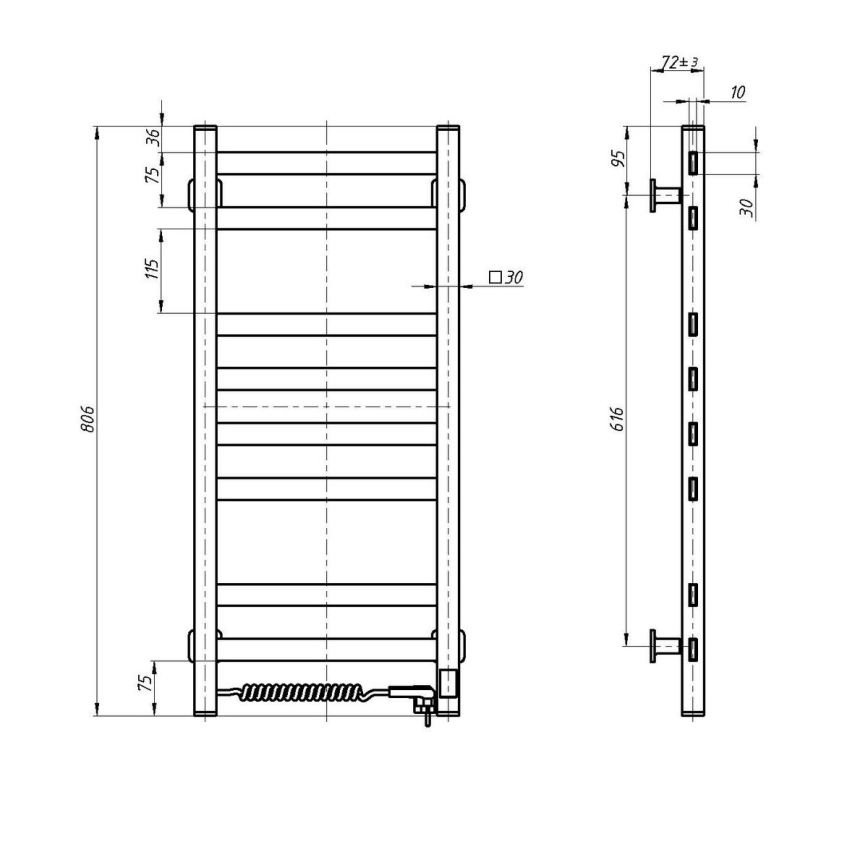 Vannitoa redelrätikuivati AVANGARD termostaadiga, 251W/230V, 80,6 cm, IP44, must, vasakpoolne, nurgeline