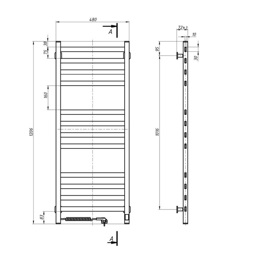 Vannitoa rätikuradiaator termostaadiga AVANGARD 459W/230V 120,6 cm IP44 valge vasakpoolne ruudukujuline
