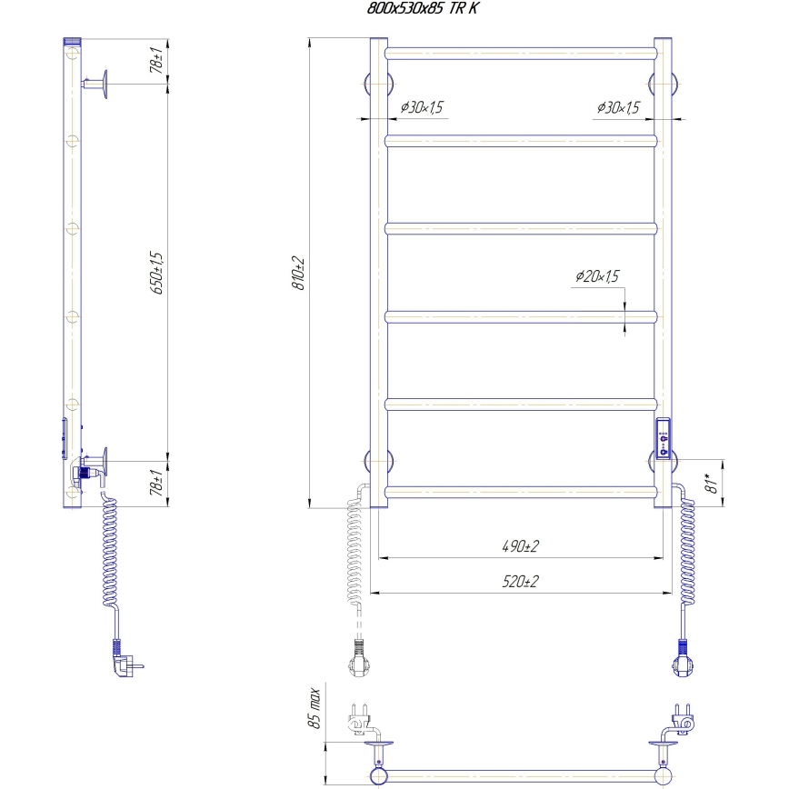 Vannitoa rätikuradiaator CLASSIC 110W/230V 81x52 cm roostevaba/valge parempoolne