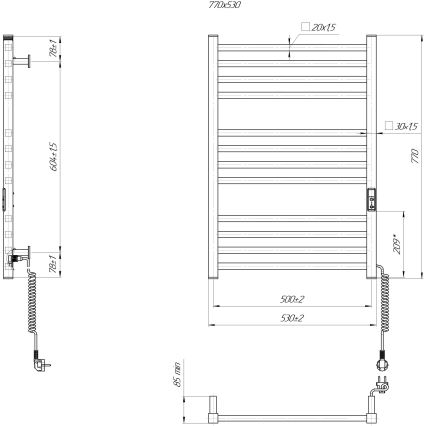 Vannitoa rätiradiaator HF LONDON 165W/230V 77x53 cm must, parempoolne