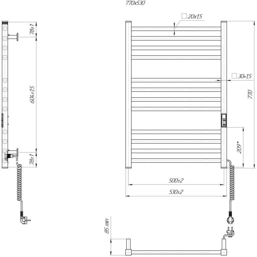 Vannitoa rätiradiaator HF LONDON 165W/230V 77x53 cm must, parempoolne