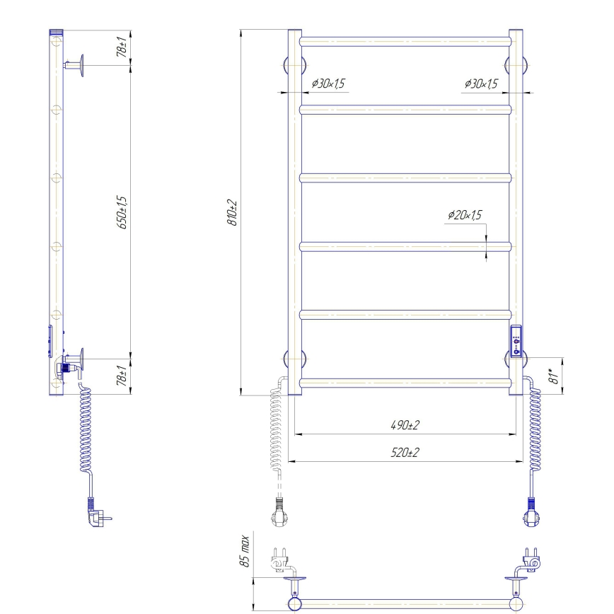Vannitoa redelradiaator CLASSIC 110W/230V 81x52 cm roostevaba teras/antratsiit parempoolne