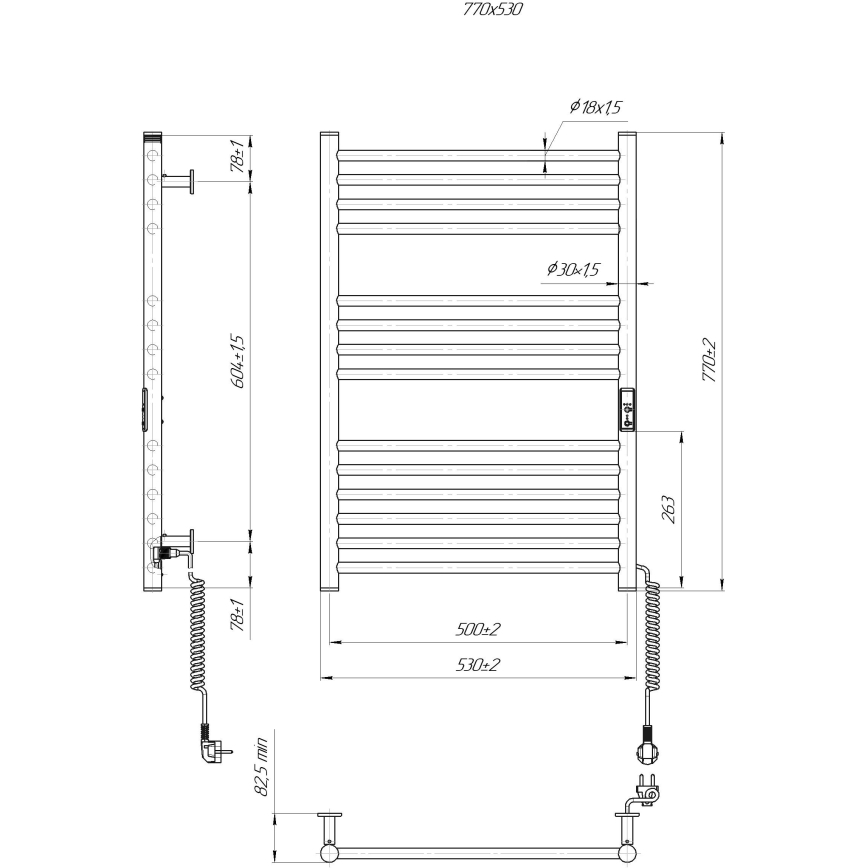 Vannitoa redelradiaator HF GREENWICH 170W/230V 77x53 cm must, parempoolne, ümmargune