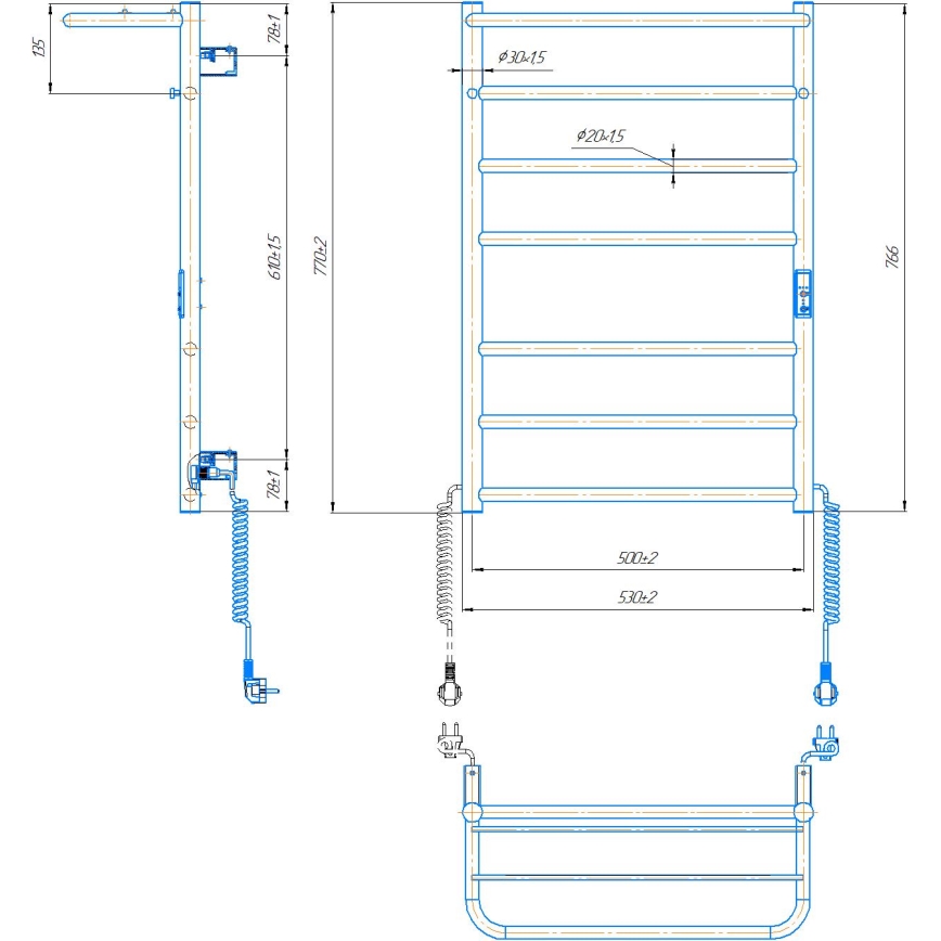 Vannitoa redelradiaator HOME 95W/230V 77x53 cm roostevaba teras/kroomitud parempoolne
