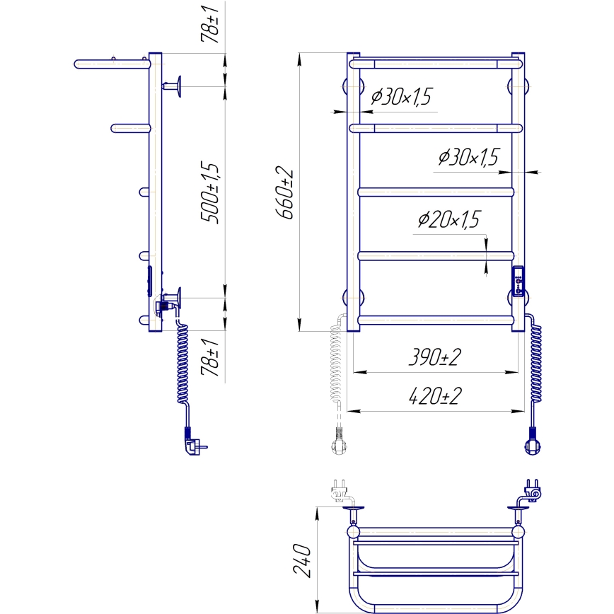 Vannitoa redelradiaator HOTEL 75W/230V 66x42 cm roostevaba teras/kroom parempoolne