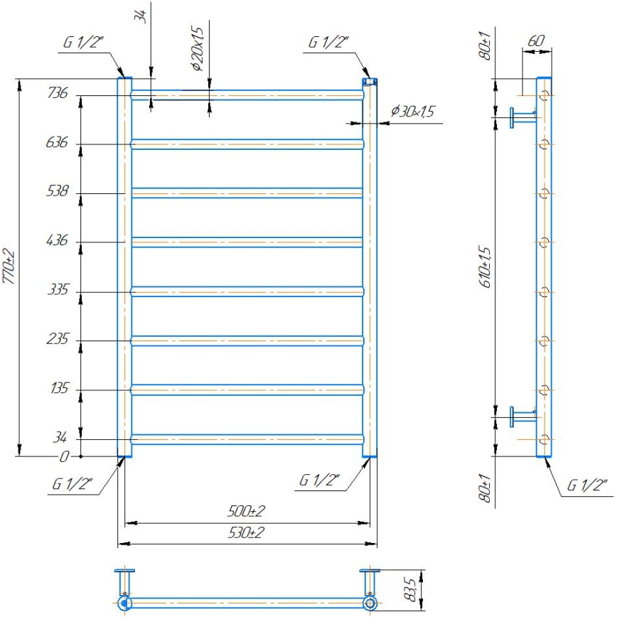 Vannitoa redelradiaator INOX FLAT 163W/230V 77x53 cm roostevaba teras/antratsiit