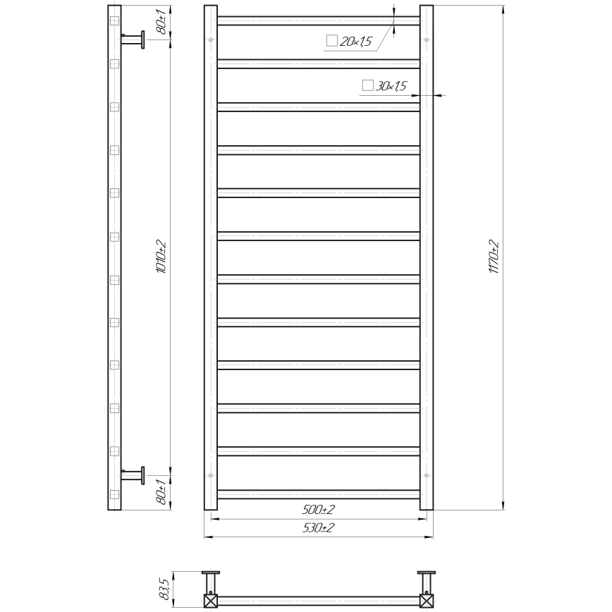 Vannitoa redelradiaator INOX TOKIO 233W/230V 117x53 cm roostevaba teras/läikiv kroom