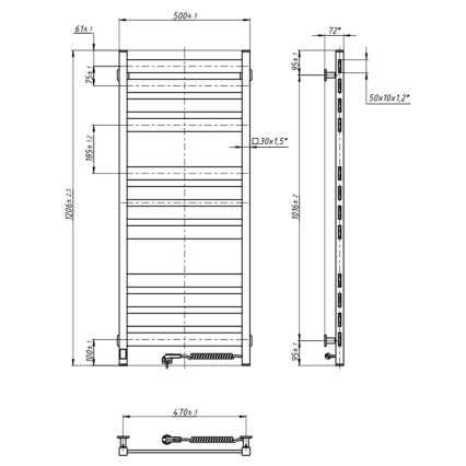 Vannitoa redelradiaator LARGO termostaadiga, 256 W, 120 x 50 cm, must, parempoolne