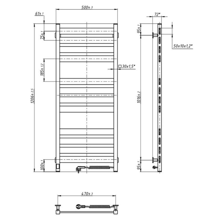 Vannitoa redelradiaator LARGO termostaadiga, 256 W, 120 x 50 cm, must, parempoolne